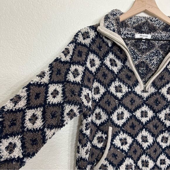 Madewell Popover Sweater Fuzzy Teddy Bear Style Fleece 1/4 Zip Diamond Print M - Picture 9 of 15